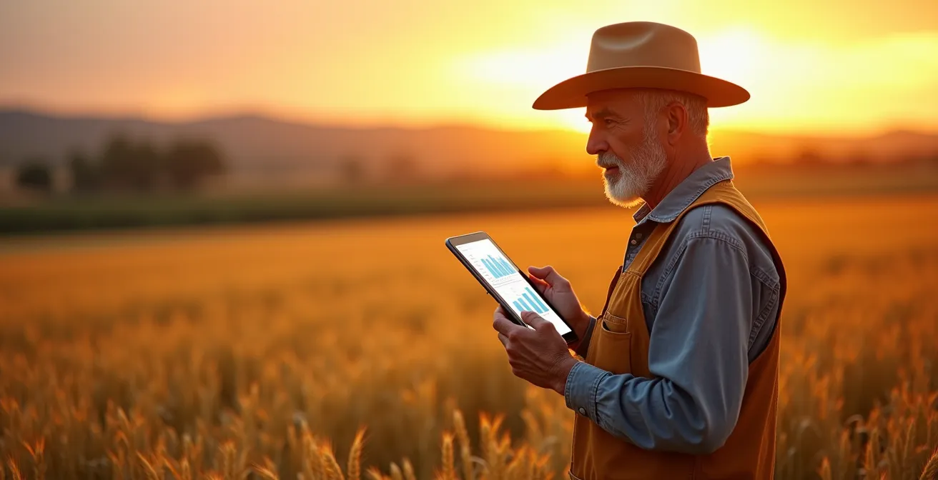 Agricultor utilizando tablet en campo de cultivo con tecnología de precisión