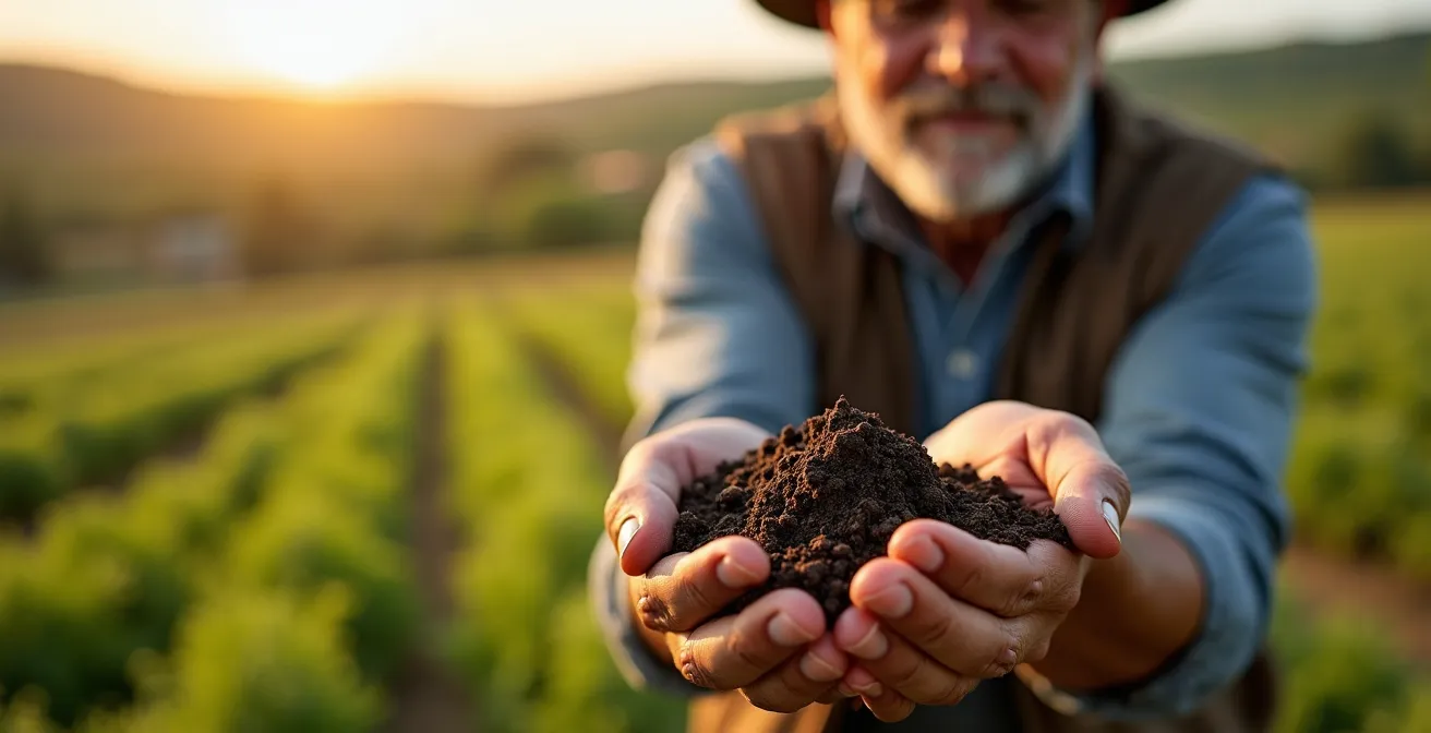 Agricultor español trabajando en campos con técnicas de conservación del suelo