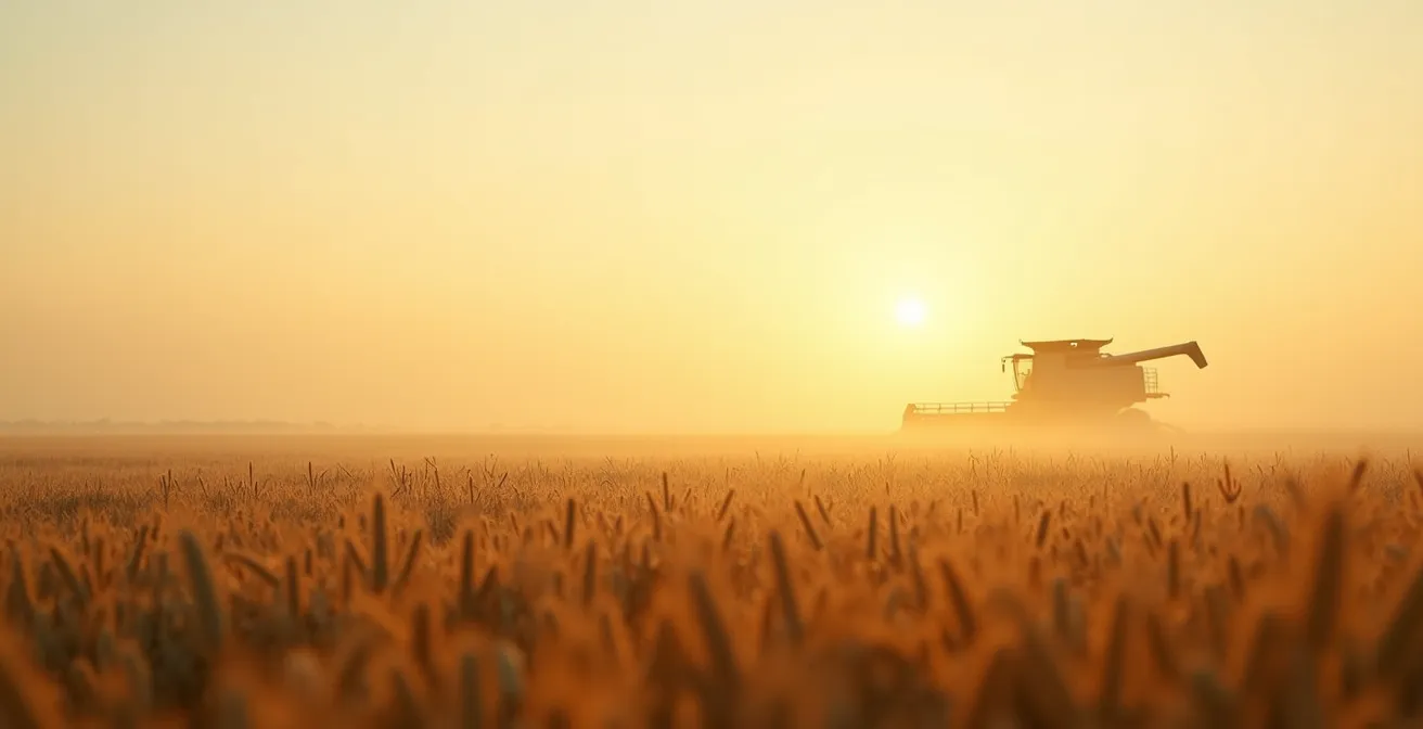 Campo de cereal español al amanecer con neblina matutina creando atmósfera minimalista