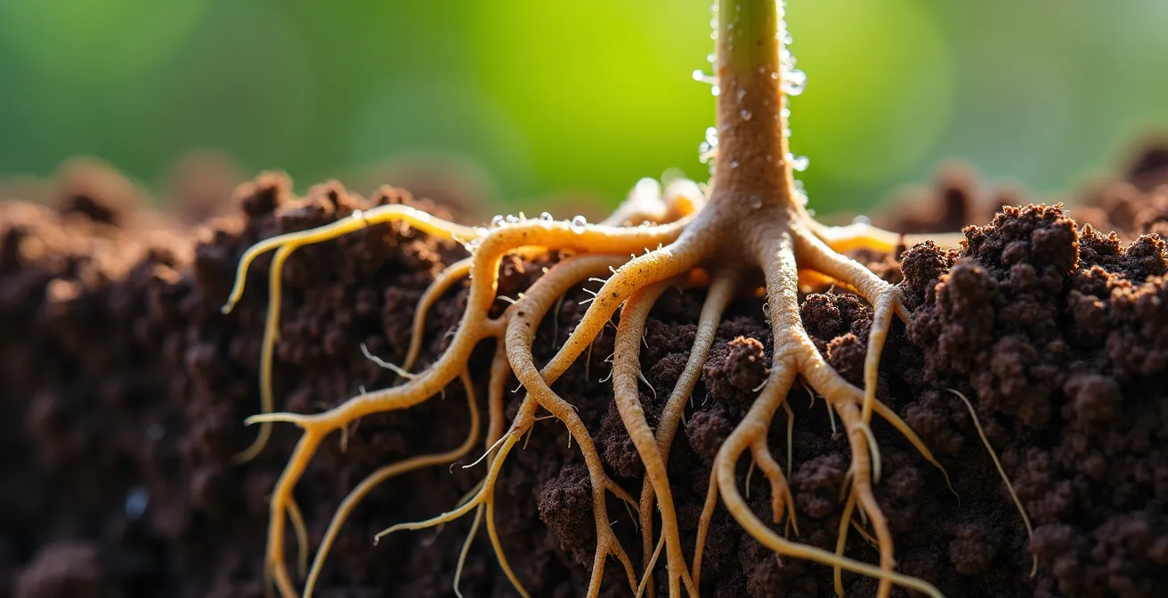 Primer plano macro de raíces de plantas tratadas con bioestimulantes mostrando desarrollo radicular mejorado