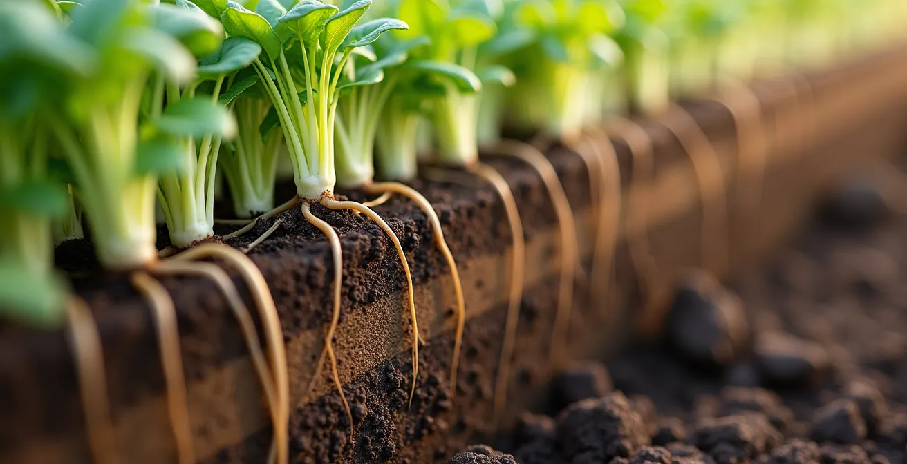 Detalle macro de raíces de mostaza y rábano forrajero mejorando la estructura del suelo agrícola