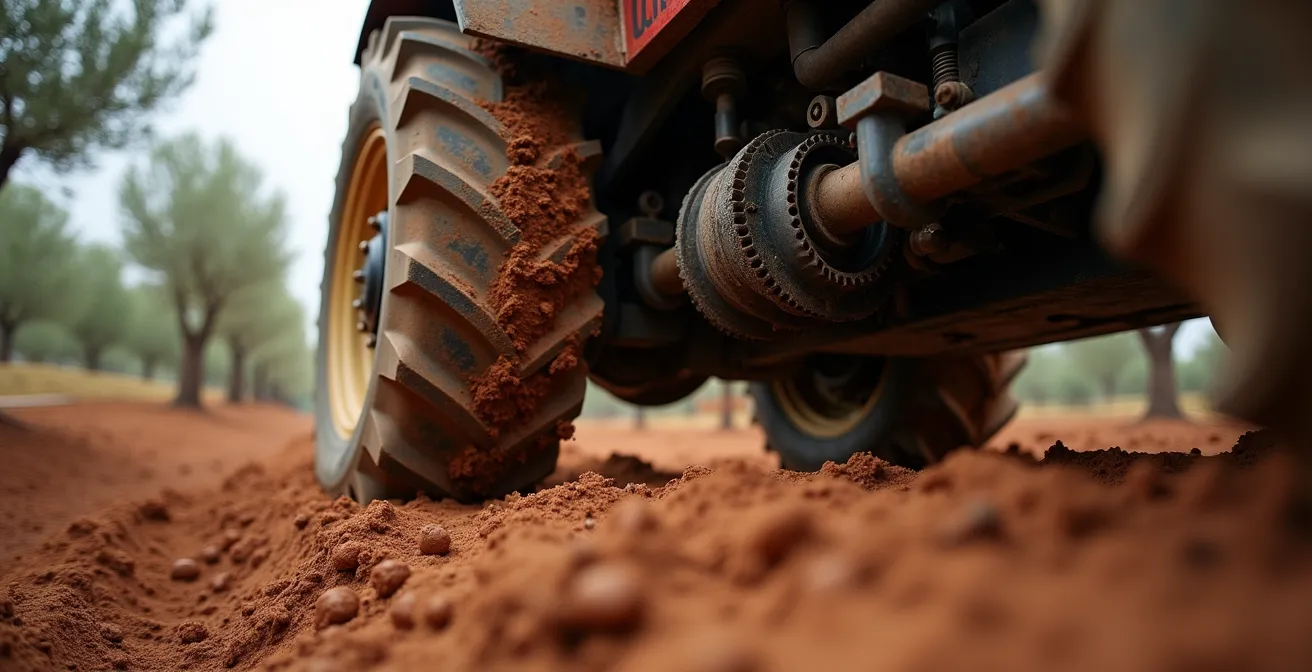 Sistema de bloqueo diferencial activado en tractor subiendo pendiente de olivar