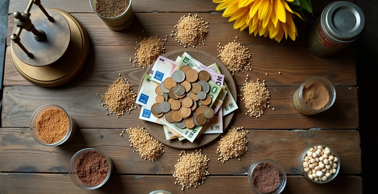 Composición visual mostrando el desglose de costes agrícolas por hectárea con semillas, monedas y una balanza.