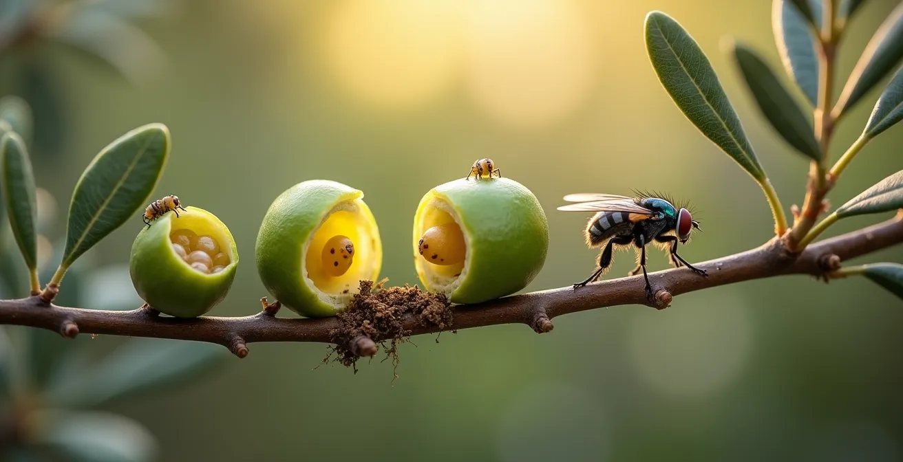 Diagrama circular del ciclo de vida de la mosca del olivo con las etapas de huevo, larva, pupa y adulto en detalle