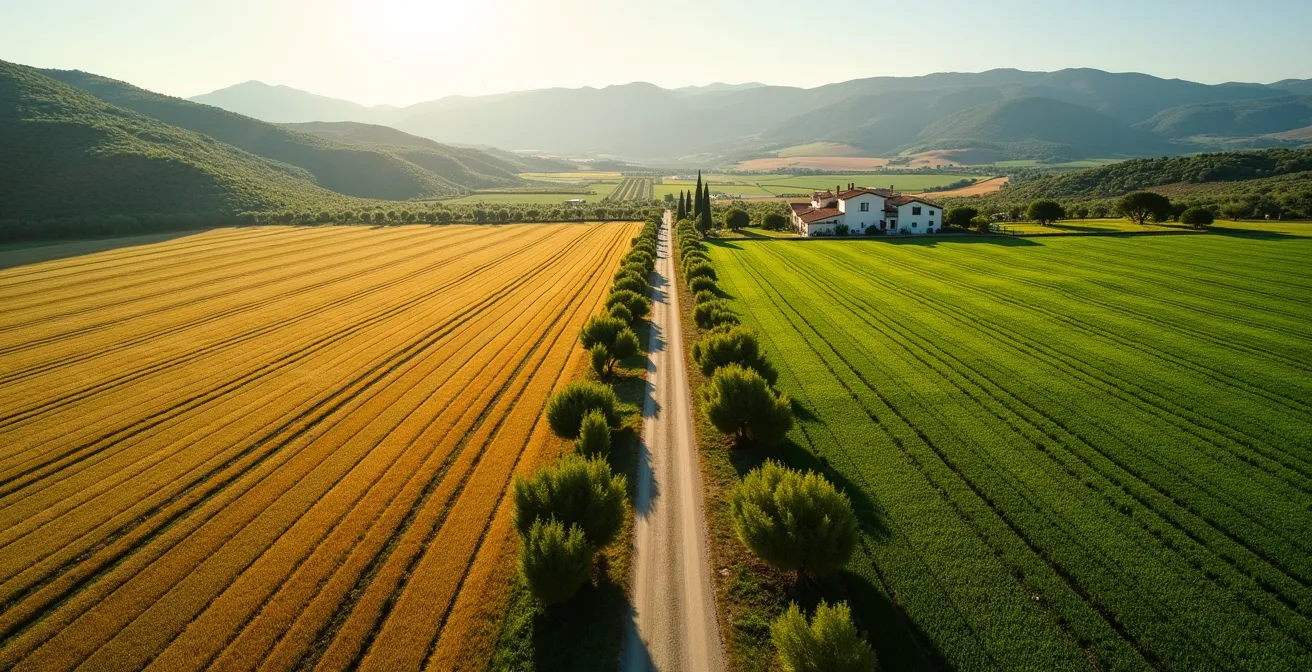 Vista aérea dividida mostrando contraste entre monocultivo y rotación de cultivos en campos españoles