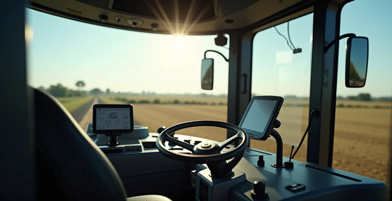 Interior de cabina de tractor mostrando sistema ISOBUS unificado