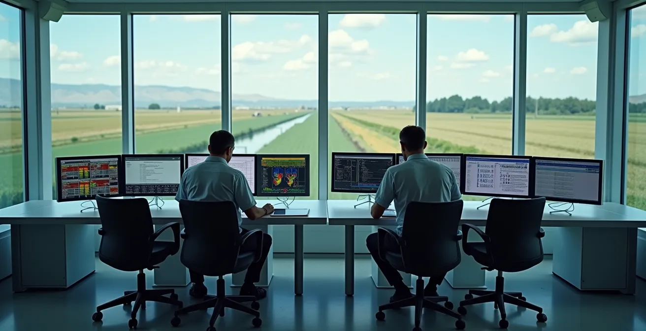 Centro de control digital de una comunidad de regantes española con mapas y sistemas de monitorización