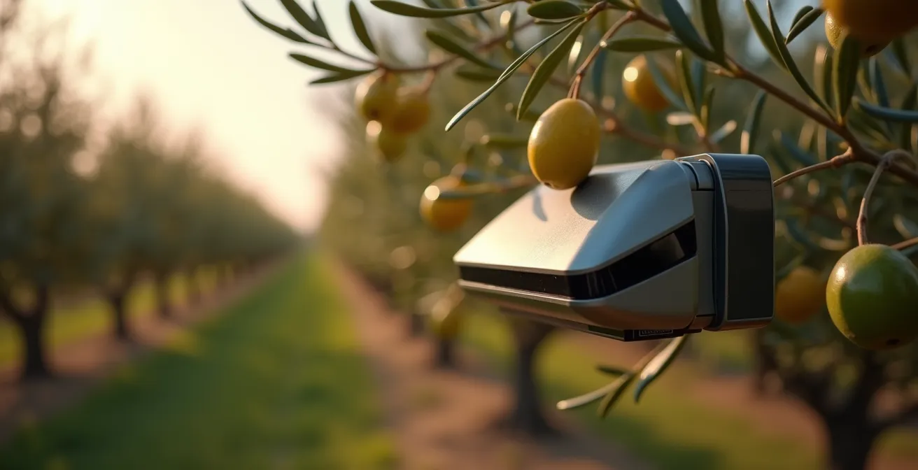 Detalle de trampa inteligente para mosca del olivo instalada en olivar con sensor de conteo automático