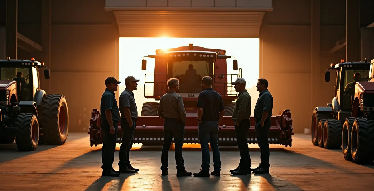 Grupo de agricultores alrededor de cosechadora compartida en cooperativa aragonesa