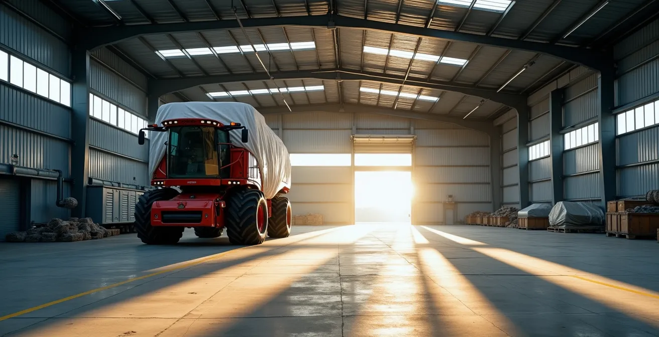 Cosechadora guardada en nave agrícola con protección invernal y ambiente controlado