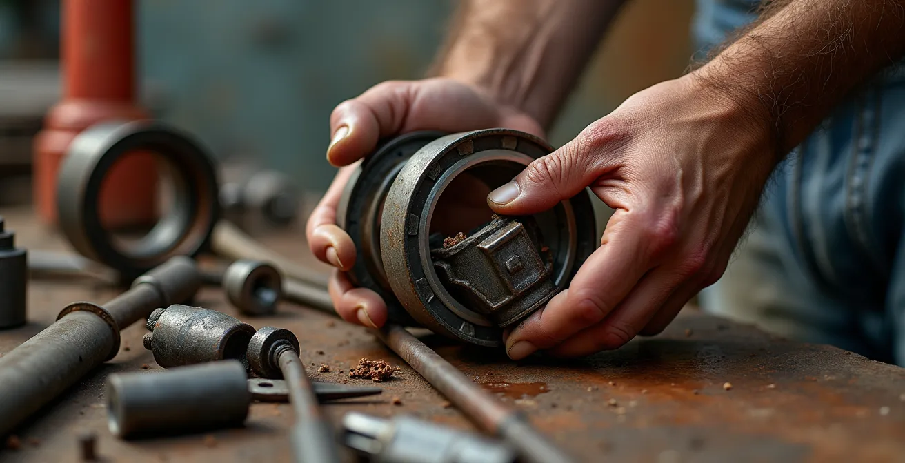 Vista macro de piezas de tractor desgastadas mostrando el impacto del uso intensivo