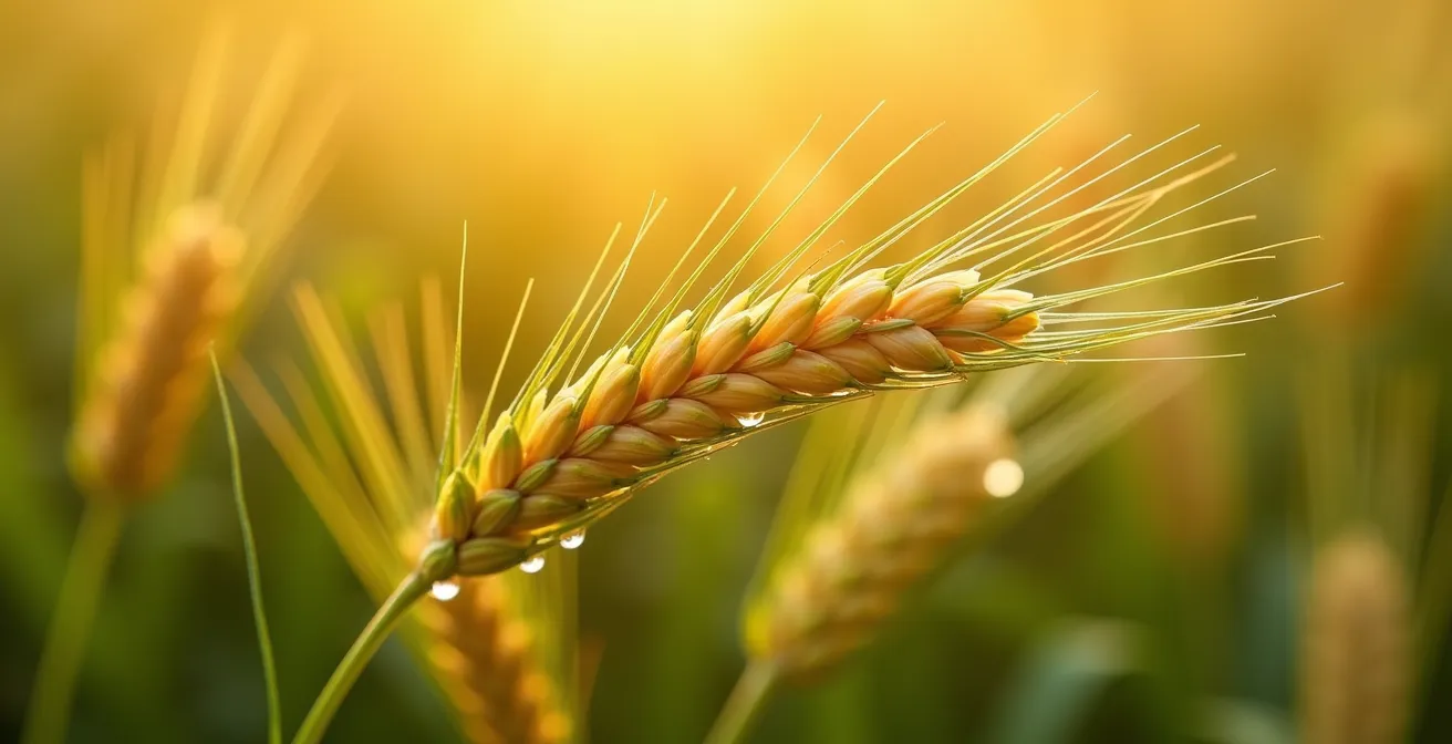 Vista macro de espigas de trigo en diferentes estados de desarrollo, mostrando la salud vegetal.