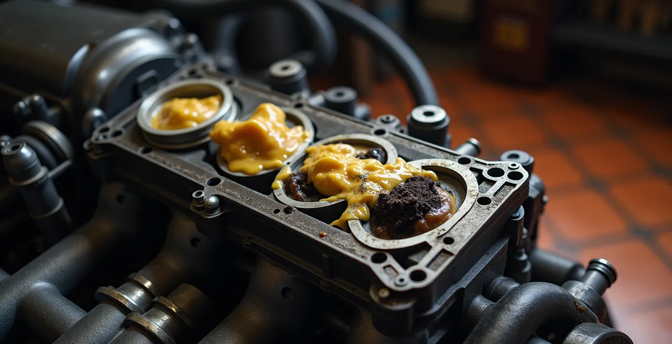 Detalle macro de síntomas de fallo de junta de culata mostrando la característica emulsión blanca