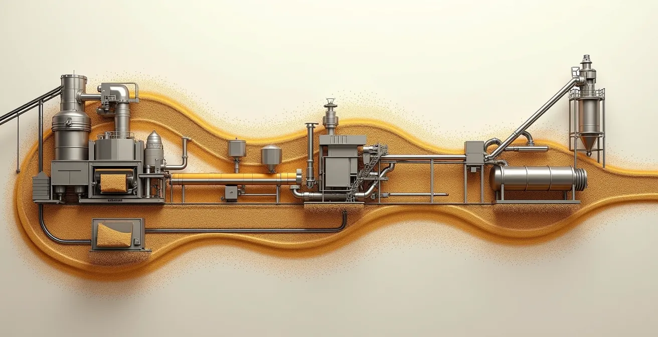 Diagrama técnico de flujo de una planta de limpieza de grano mostrando la disposición secuencial de máquinas