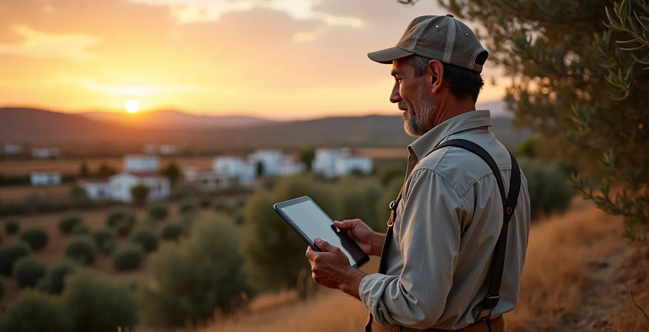 Agricultor español usando tablet con aplicación SIGPAC en campo de cultivo al atardecer