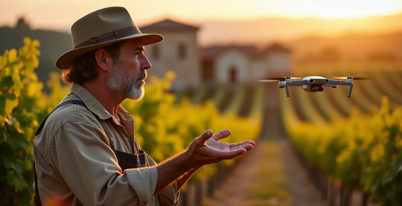 Dron agrícola realizando pulverización selectiva sobre viñedo español