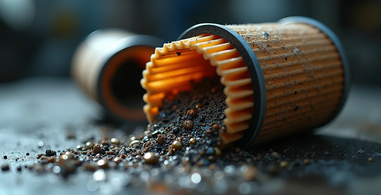 Detalle macro de un filtro de aceite usado mostrando partículas metálicas y residuos de desgaste