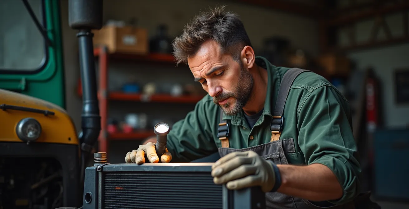 Mecánico inspeccionando el radiador de un tractor en taller agrícola