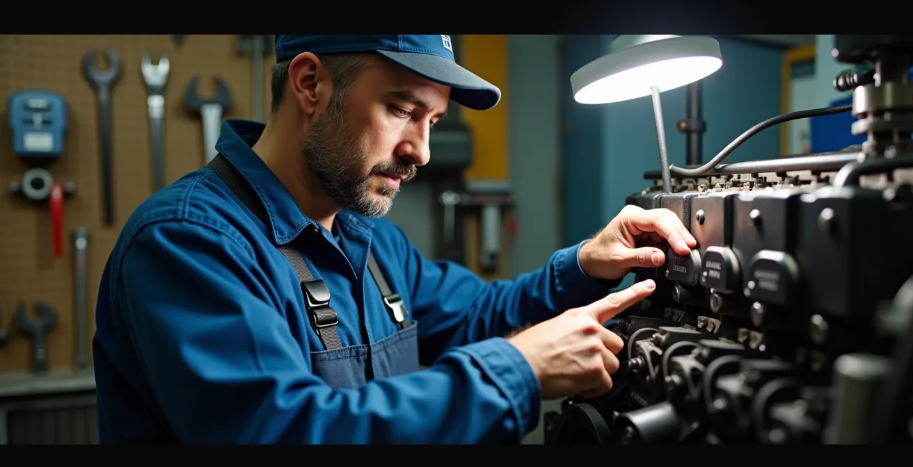 Mecánico inspeccionando motor de tractor usado en taller español