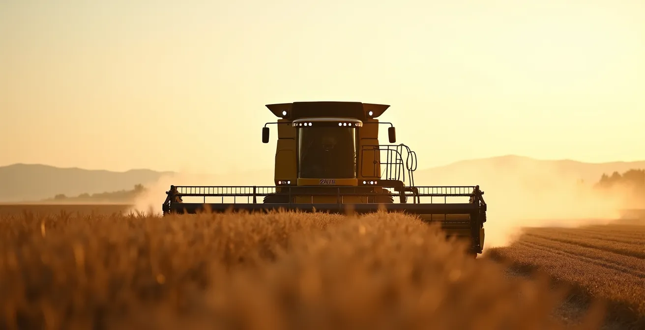 Vista ambiental minimalista de un cabezal de cosechadora con kit de adaptación para colza en campo español