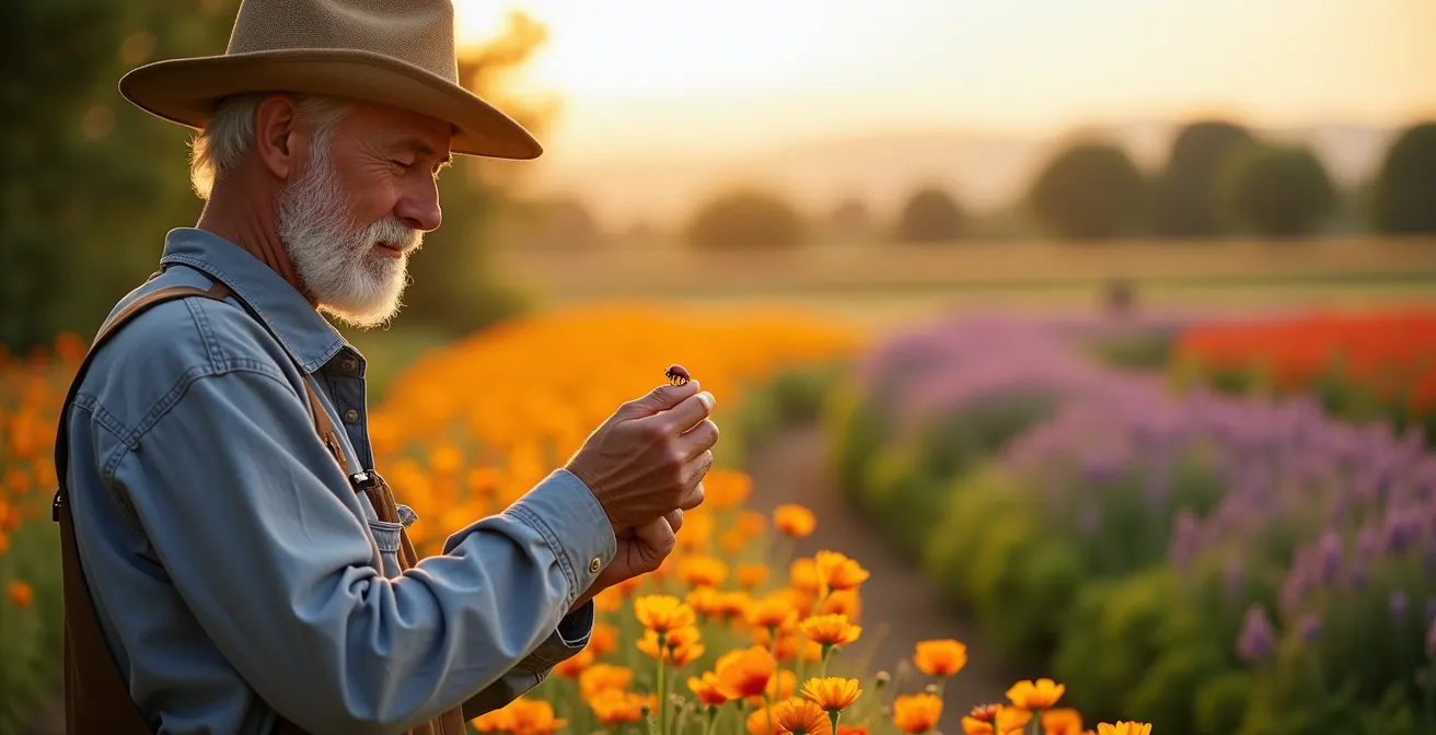 Paisaje agrícola español con bandas florales y refugios para insectos beneficiosos, un ejemplo de Manejo Integrado de Plagas