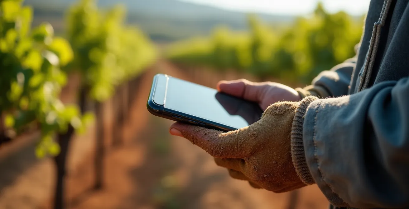 Mano de agricultor sosteniendo smartphone con app de gestión en viñedo de La Rioja