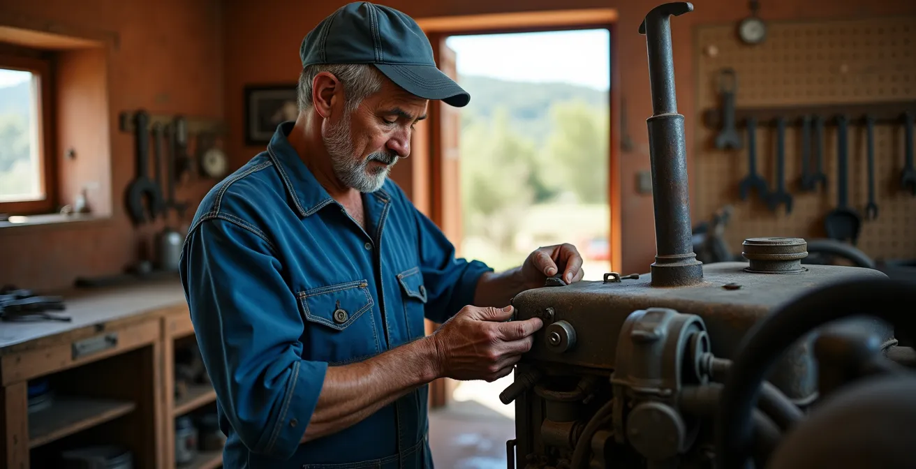 Mecánico realizando mantenimiento preventivo de tractor en taller rural español
