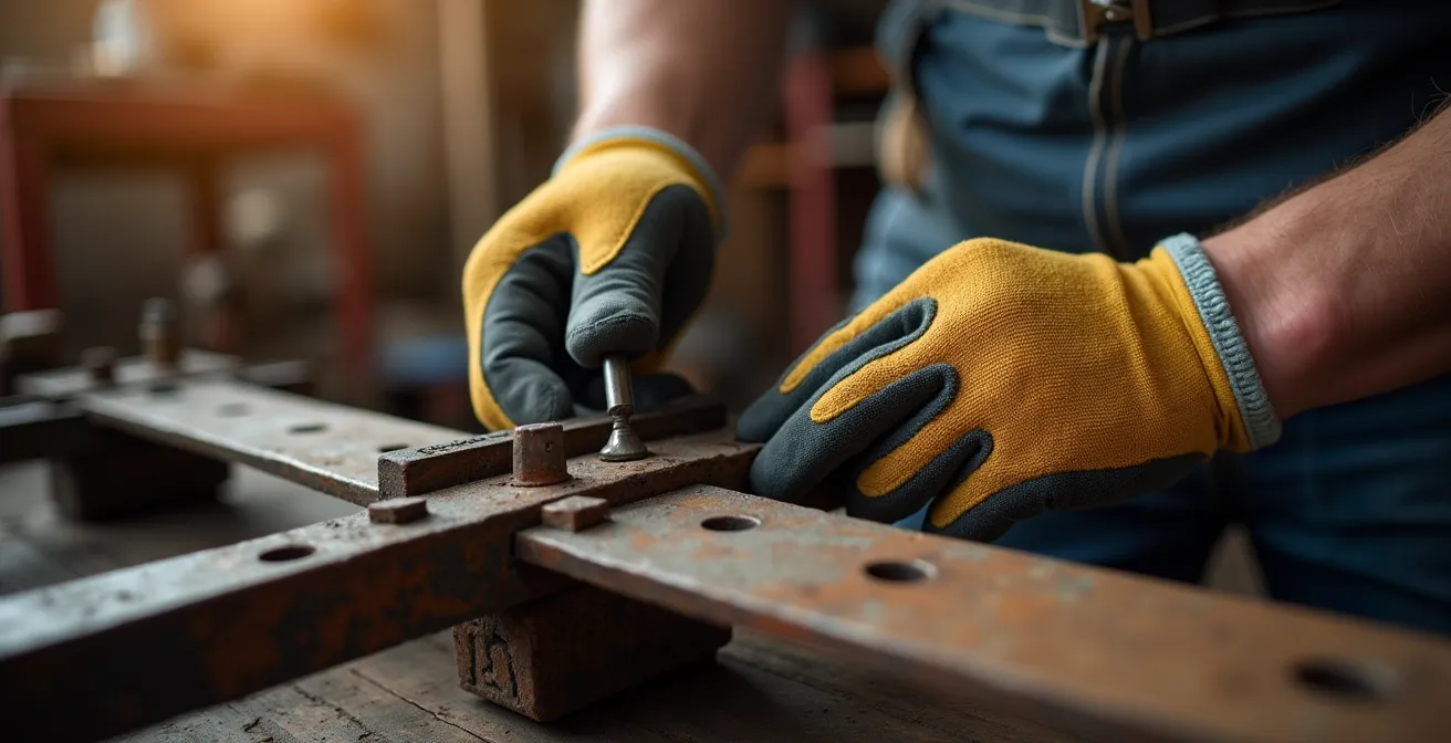 Manos de mecánico ajustando el sistema de corte una cosechadora con herramientas especializadas