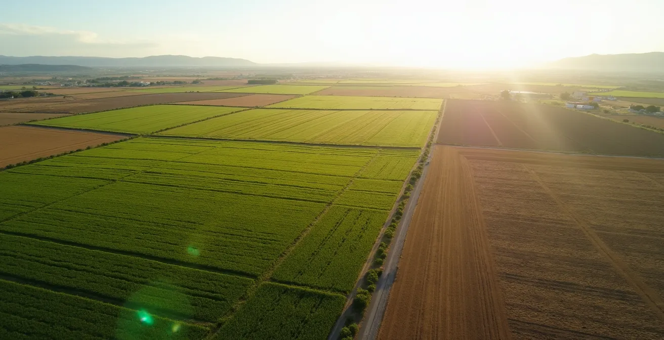Vista aérea de parcelas agrícolas mostrando diferentes zonas de cultivo con sistema de riego