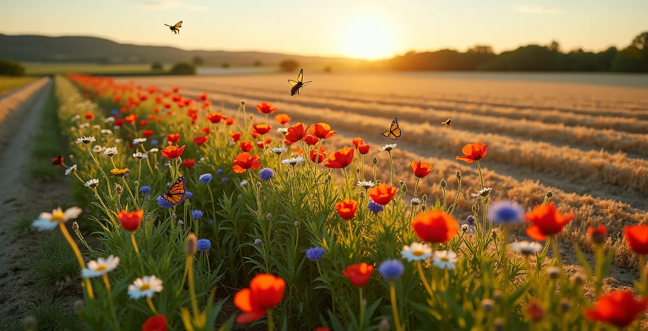 Banda floral diversa junto a cultivos con abejas y mariposas en actividad