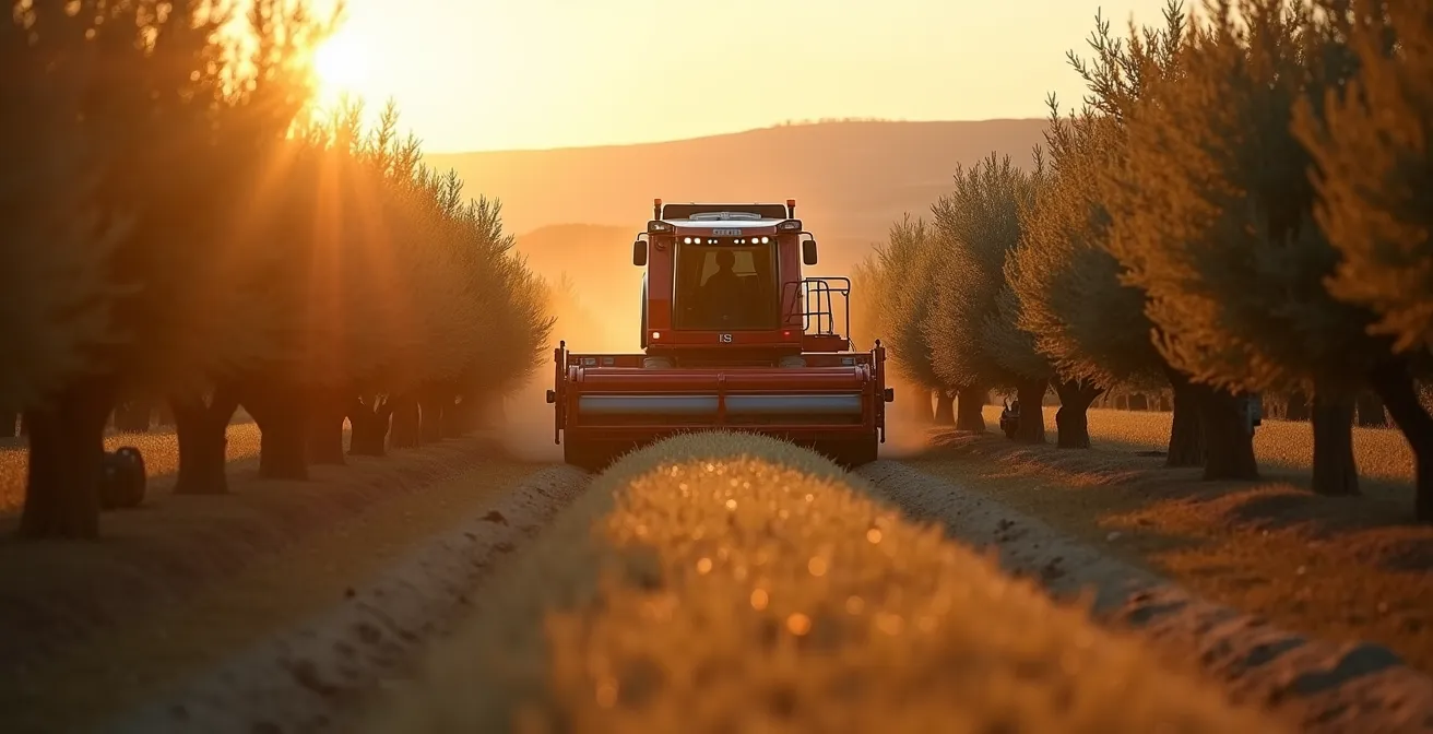 Cosechadora cabalgante trabajando en olivar superintensivo español al atardecer