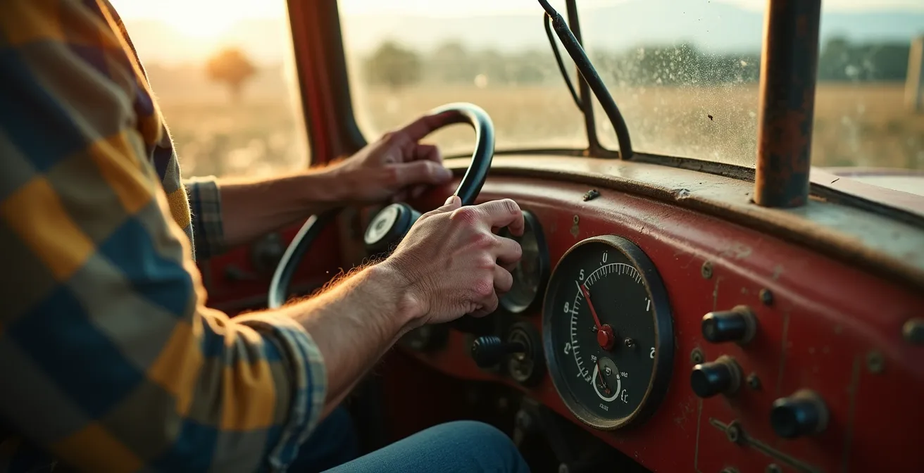 Interior de cabina de tractor moderno con panel de control digital mostrando datos de rendimiento