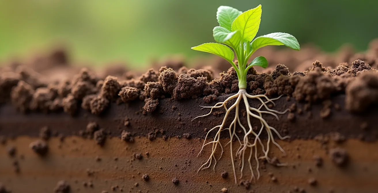 Perfil del suelo mostrando la suela de labor y raíces penetrando en profundidad