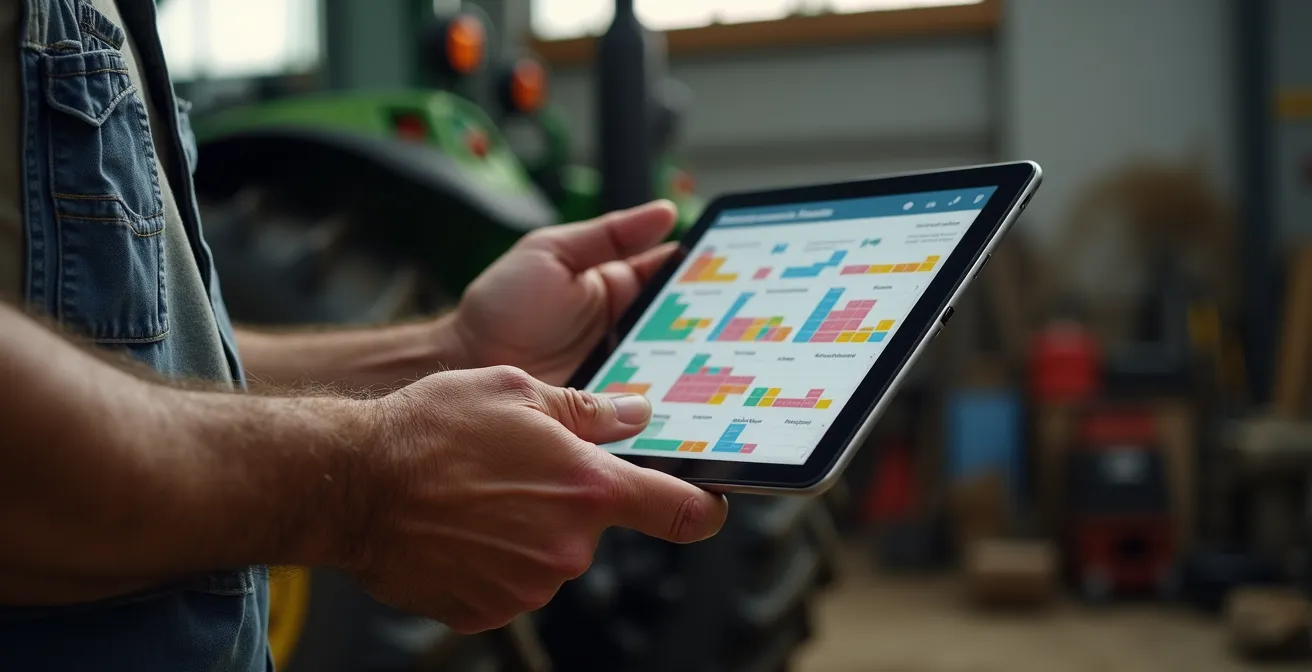 Sistema de gestión digital mostrando calendario de mantenimiento preventivo con alertas de telemetría para tractor agrícola