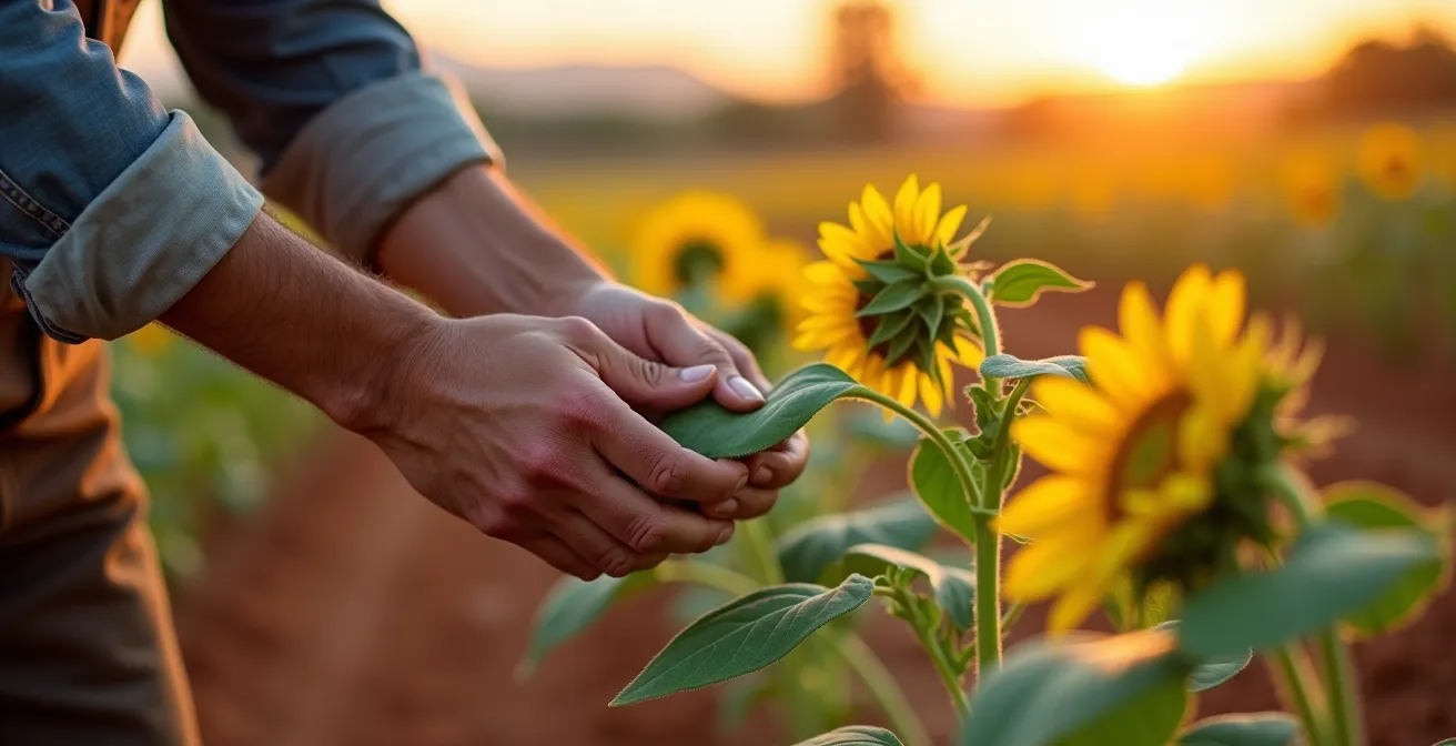 Campo de girasoles jóvenes en tierra recién roturada bajo el sol mediterráneo español