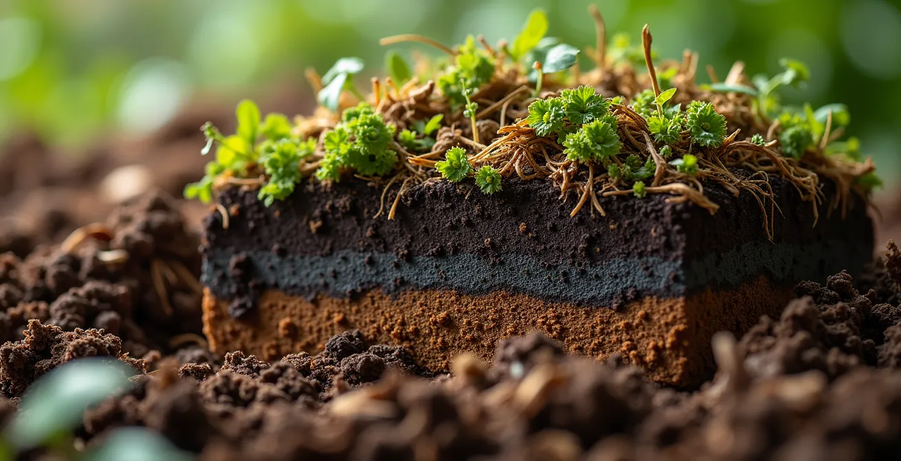 Vista macro del proceso de compostaje mostrando capas de materiales orgánicos en descomposición