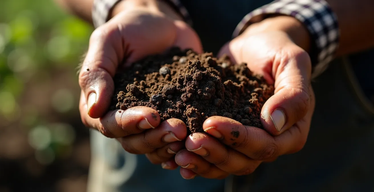 Manos de agricultor sosteniendo tierra fértil con materia orgánica visible
