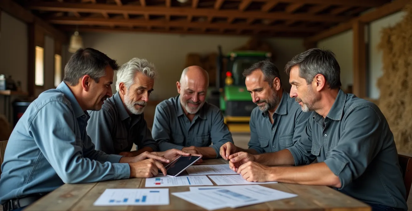 Equipo agrícola reunido analizando datos en tablet en almacén de maquinaria