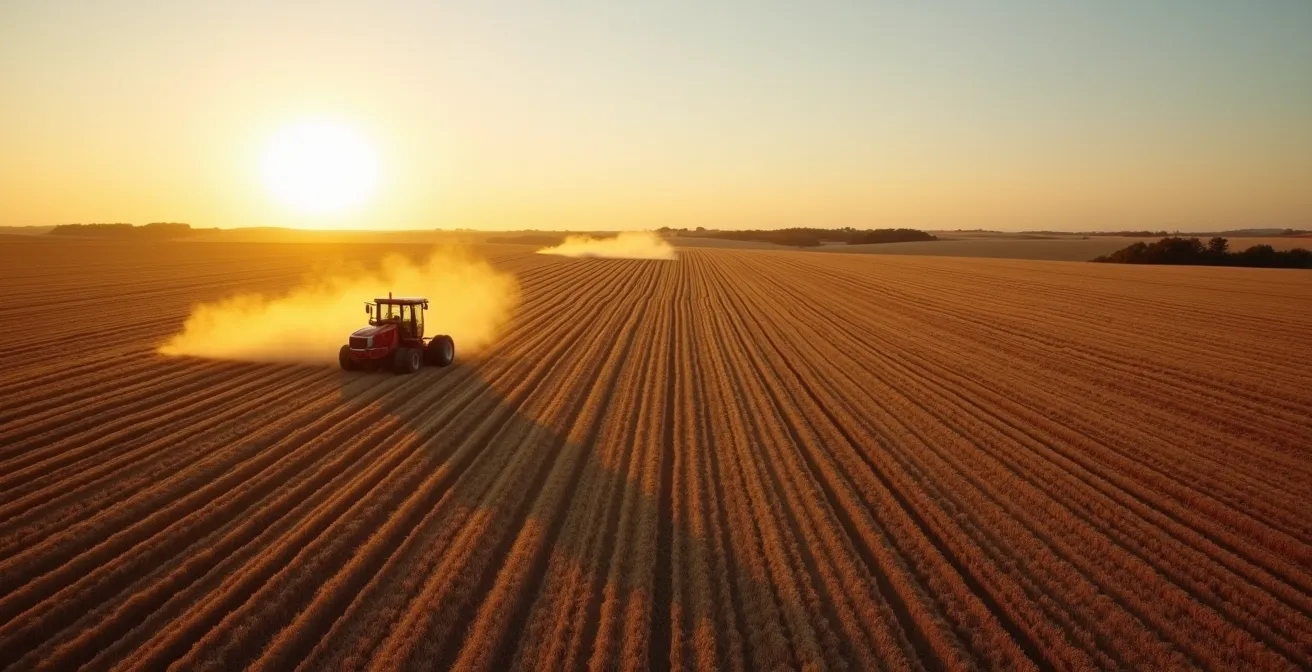 Rodillo agrícola trabajando en campo de cereal recién sembrado en España