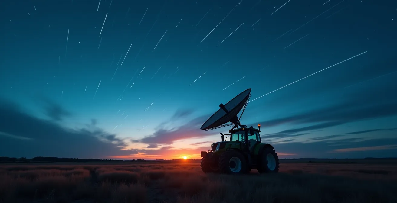 Representación visual de constelaciones satelitales GPS, Galileo y GLONASS sobre campos agrícolas