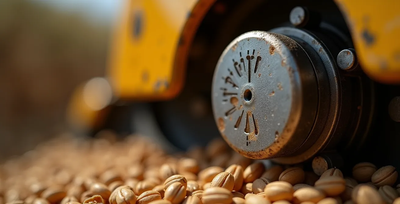 Detalle macro de sensor de pérdidas instalado en cosechadora con granos visibles