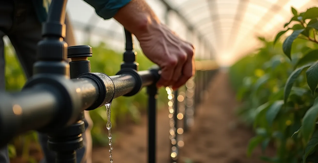 Sistema de fertirrigación por goteo en invernadero almeriense con tuberías y emisores