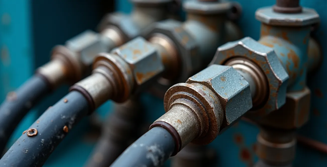 Detalle macro de conexiones hidráulicas de tractor mostrando mangueras y distribuidores