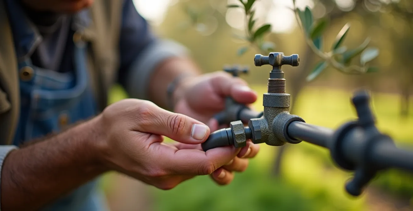 Sistema de riego por goteo mostrando el impacto de la calidad del agua en las líneas de riego