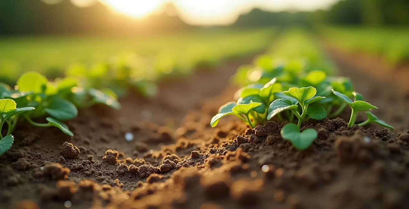 Detalle macro de suelo con cobertura vegetal mostrando la retención de humedad