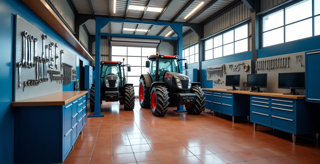 Interior de taller mecánico agrícola profesional con herramientas organizadas y espacio de trabajo limpio