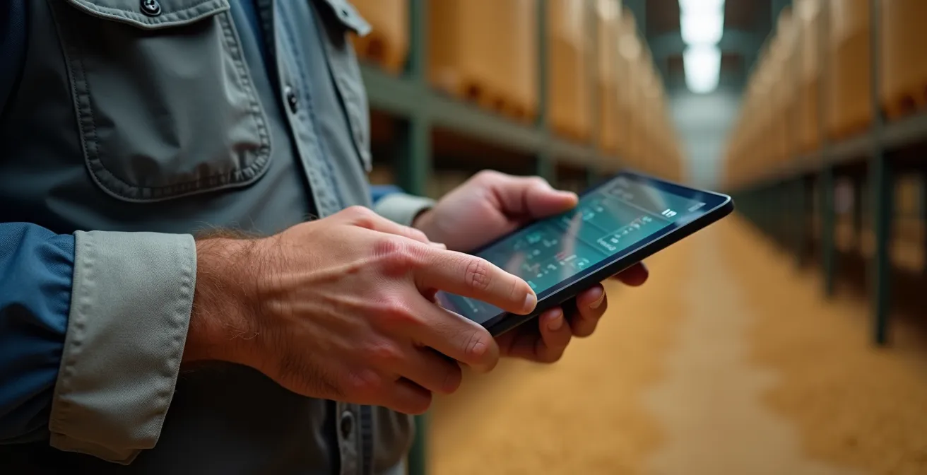 Panel de control digital mostrando gestión de inventario agrícola en tiempo real