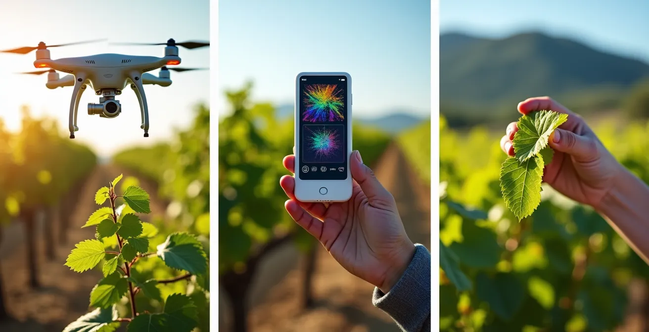 Comparación visual de tecnologías de monitoreo: dron con cámara multiespectral, trampa inteligente y muestreo manual en viñedo