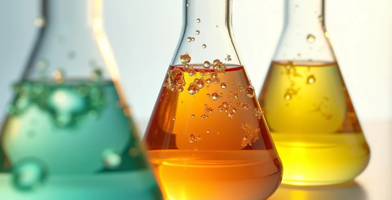 Comparación visual de diferentes tipos de anticongelante en recipientes transparentes mostrando sus colores característicos