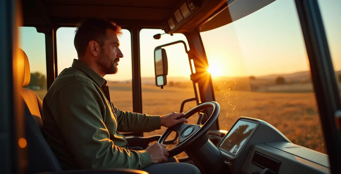 Tractor moderno con antena GPS en campo de cultivo español al atardecer